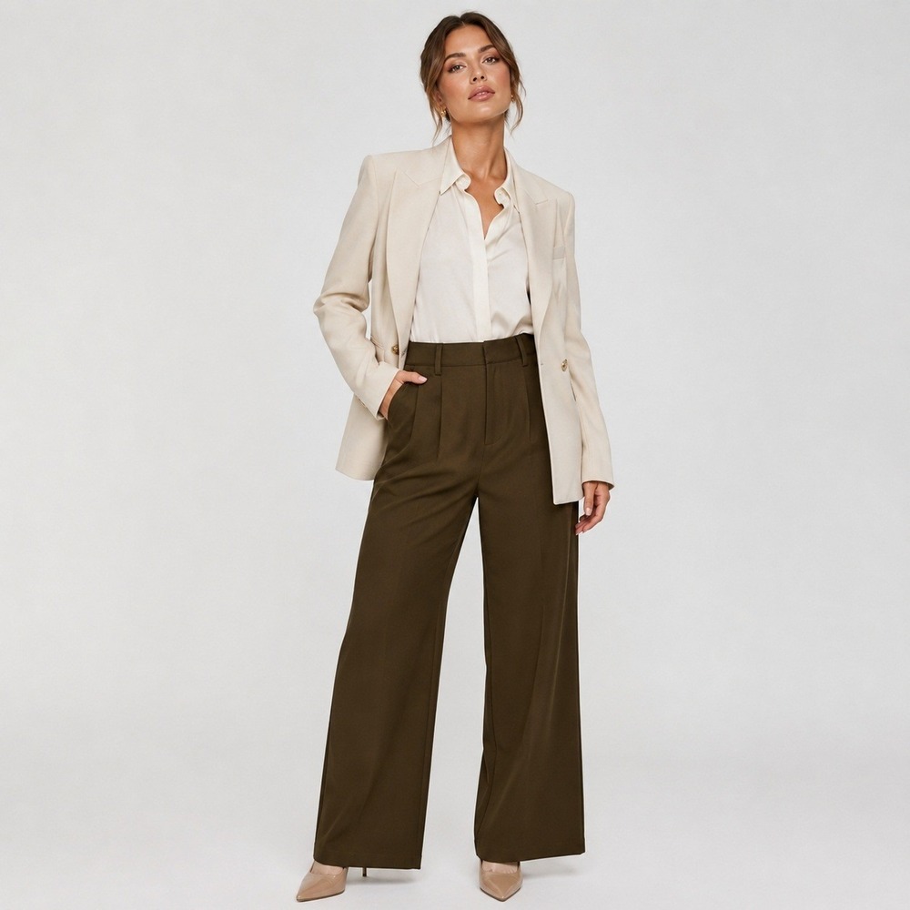 Edit by Nine Brown Wide Leg Pleated Trousers‎ High Rise Dress Pants SP NEW